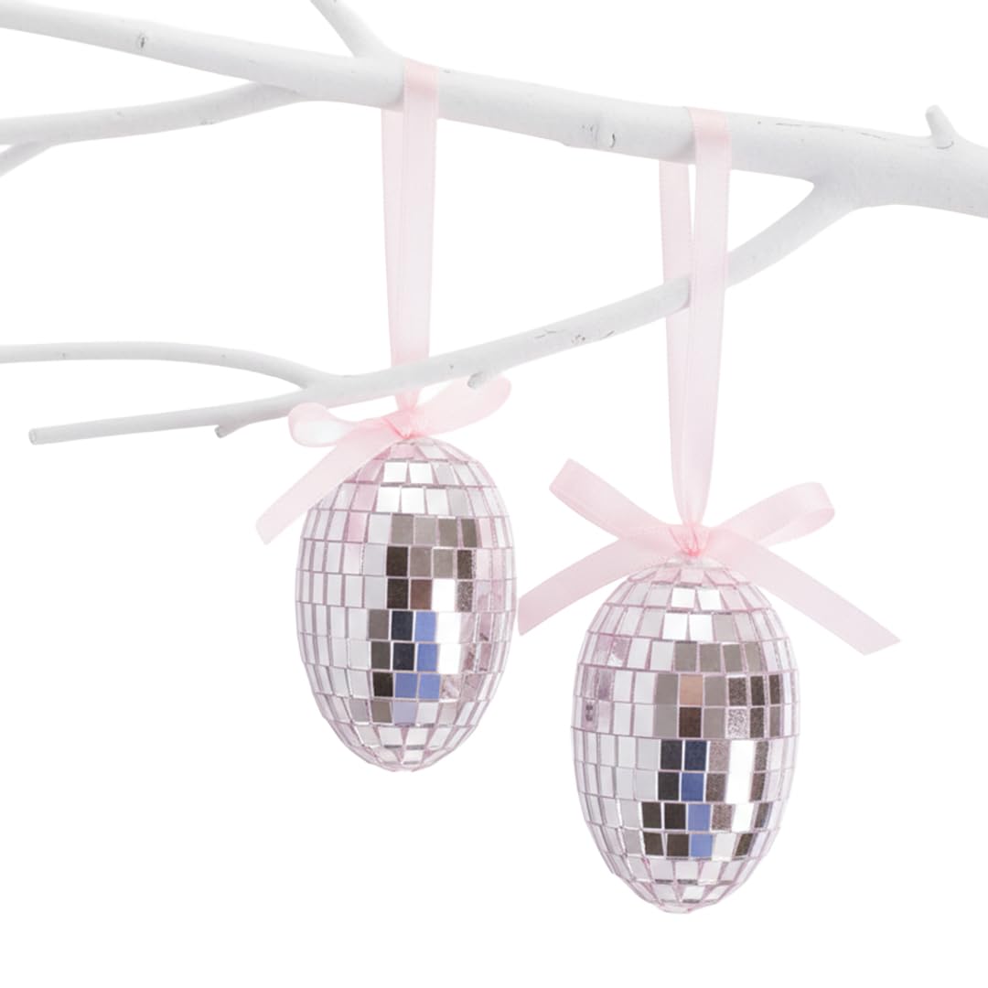 Gem Imports Pink Disco Easter Eggs Hanging Decorations – Pack of 2 Glitter Mirror Ball Egg Ornaments with Ribbon for Wreaths & Spring Displays