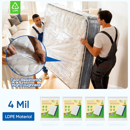 Image of TICONN 1PK Plastic Mattress Bag for Moving Storage, Waterproof Mattress Protector Cover, Heavy-Duty Mattress Moving Supplies (4 mil, Twin)