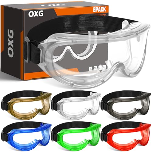 OXG 6 Pack Protective Safety Goggles Anti-Fog, Adjustable Chemical Splash Eye Protection Science Lab Goggles