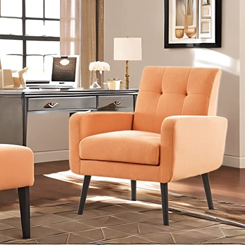 Huimo Tufted Arm Chair Set Of 2,Accent Chair,Linen Fabric Single Sofa Chairs, Living Room Leisure Reading Chair, Comfy Mid-Century Modern Room Chair For Bedroom,Reading Chair(Light Orange) #TOP5