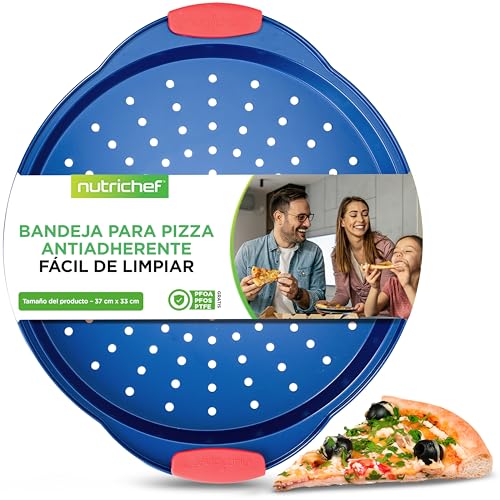 NutriChef Bandeja para pizza, Mango de silicona, Sartén redonda antiadherente, Acero con agujeros perforados