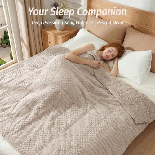 Image of Wemore Knitted Fleece Weighted Blanket for Adults, Beige Grey, 48 x 72 inches 15 lbs