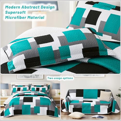 Image of Tyrot 3 Piece Teal /Turquoise Quilt King Size Black White Gray Bedding Set | Lightweight Bedspread, Geometric Coverlet with 2 Sham, Modern Abstract Soft Microfiber, Bed Cover for All Season, 106''x96''
