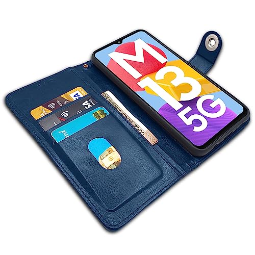 Image of Pikkme Samsung Galaxy M13 5G Flip Cover Leather Finish | Inside TPU with Card Pockets | Wallet Stand and Shock Proof | Complete Protection Button Flip Case (Blue)