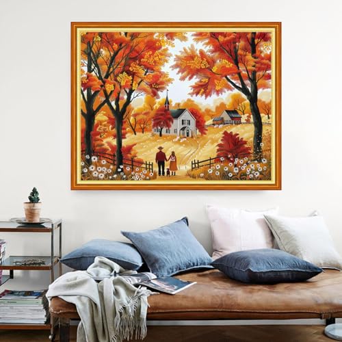 Image of Dimensean Stamped Cross Stitch Kits Full Range of Embroidery Patterns Starter Kits for Beginners Adult DIY Cross Stitches Needlepoint Kits 11CT-Golden Autumn Couple 16x20 inch