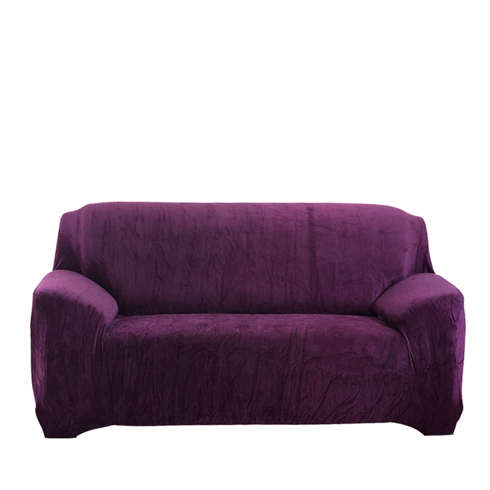 Topchances Plush Sofa Cover 1/2/3/4 Seater Pure Color Sofa Protector Velvet Easy Fit Elastic Fabric Stretch Slipcover Soft Couch Covers (Purple, 2 Seater(140-170cm))