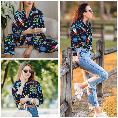 Image of Women'S Long Sleeve Pajama Set Soft Loungewear Button-Down Top & Elastic Waist Pants S- 2XL