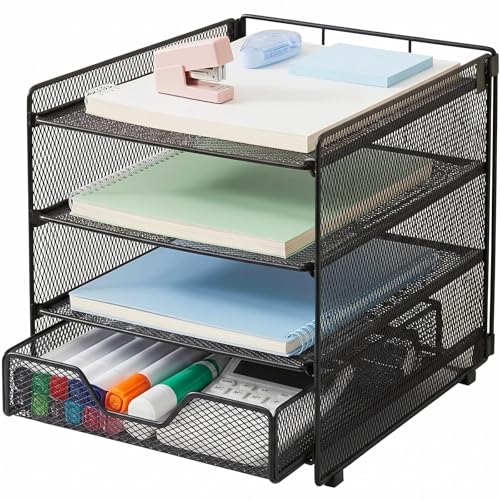 Image of OPNICE Desk Organizer, 4-Tier Desktop File Organizer with Drawer, Office Desk Accessories, File Sorters, Workspace Organizers for Office Supplies(Black Upgraded)