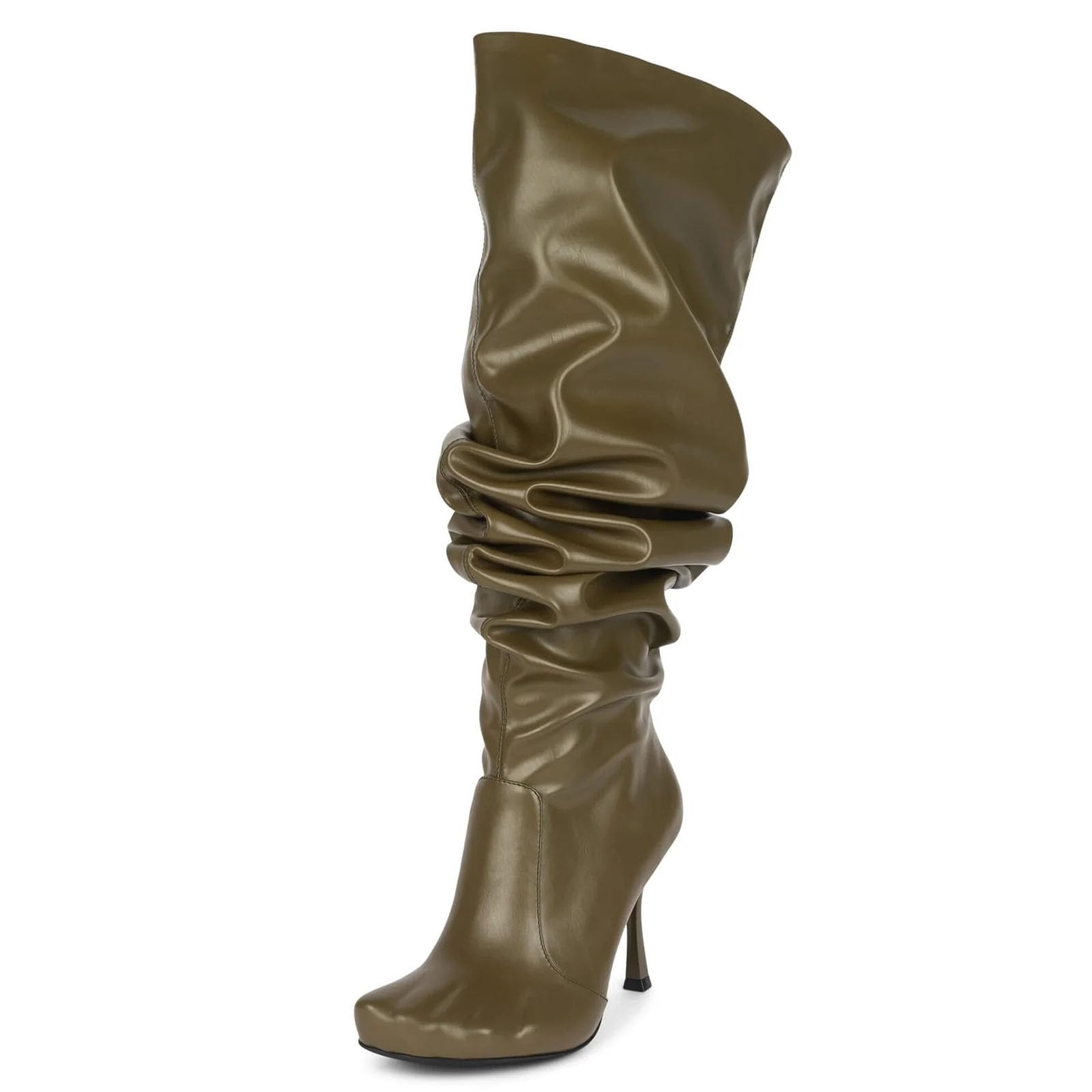 Womens Slouchy Knee High Boots Wide Calf Embossed Toes Stiletto High Heel Pull On Boots Over the Knee