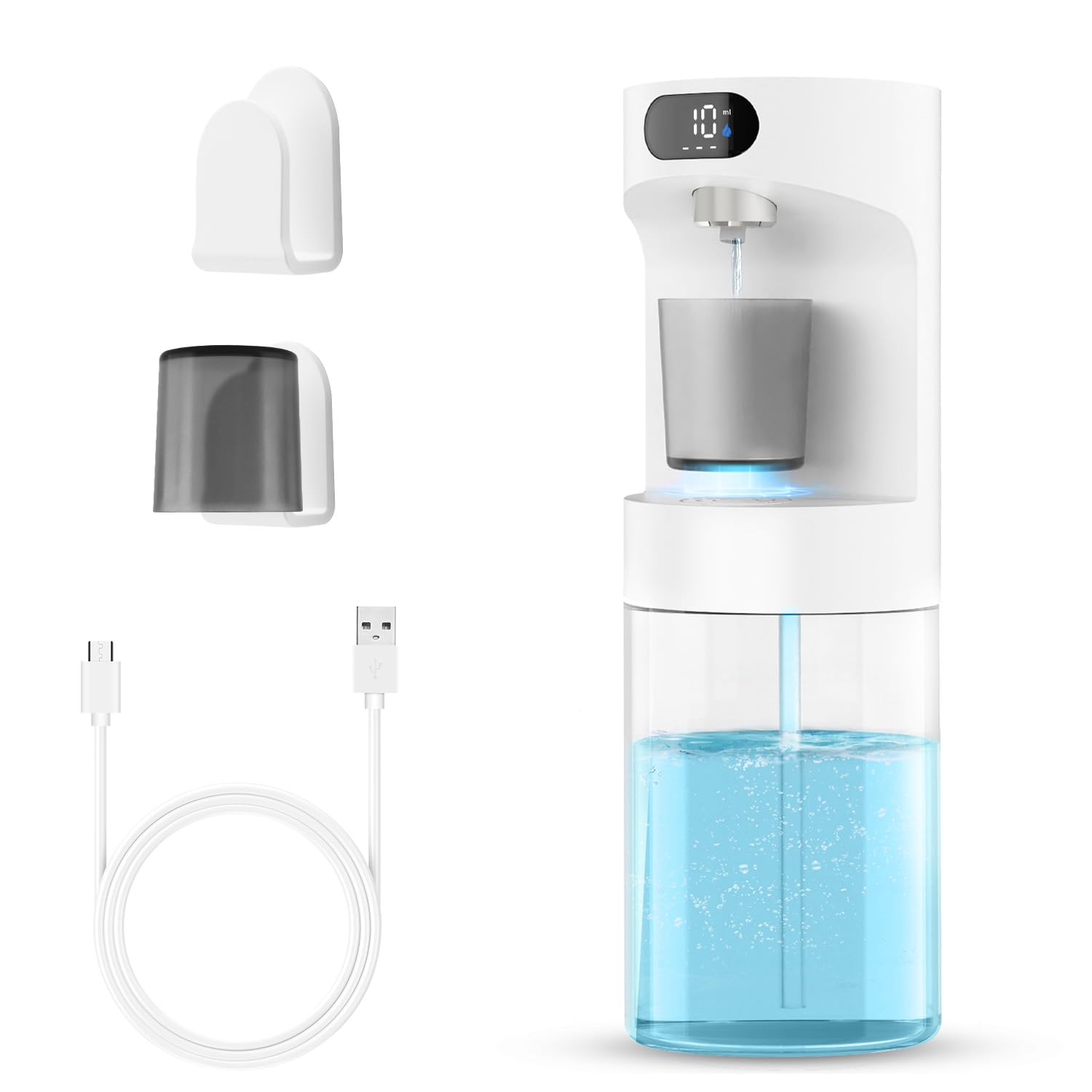 Dalugo Distributeur automatique de bain de bouche pour salle de bain, 600 ml, fixation murale sans contact, avec 2 gobelets magnétiques, distributeur de mouthwash blanc pour enfants et adultes