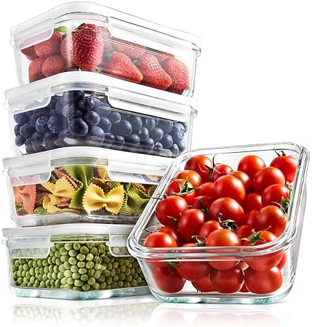 NutriChef 10-Piece Superior Glass Food Storage Containers Set (5 Containers + 5 Locking Lids),Stackable Meal-prep Design, BPA-free Airtight Clear Locking lids with Vent Lids & Air Hole, NCCLX5 - Thumbnail 2