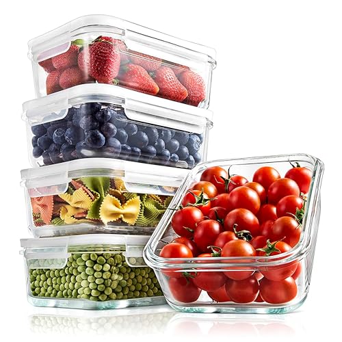 Image of NutriChef 5-Piece 30 oz Reusable Glass Meal Prep Containers - Stackable Kitchen Storage Containers for Food, 4-Side Locking Plastic Lids w /Vent Hole - Easy to Clean, Dishwasher Safe (Flat)