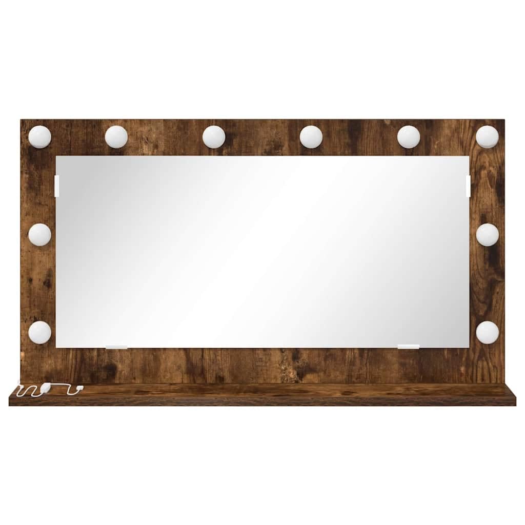 Espejo de tocador con tira LED roble ahumado 80 x 45 x 18 cm, cristal y madera chapada, luz blanca cálida, para dormitorio, baño y vestidor
