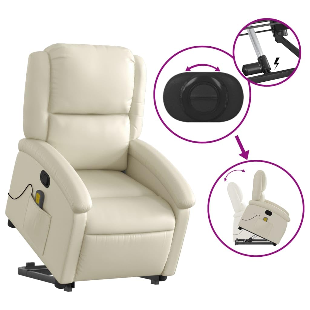 Sillón de masaje con ayuda para levantarse de piel sintética, 71 x 86,5 x 99,5 cm, 6 puntos de vibración, motor eléctrico, acolchado cómodo, bolsillo lateral para sala de estar y rincón de