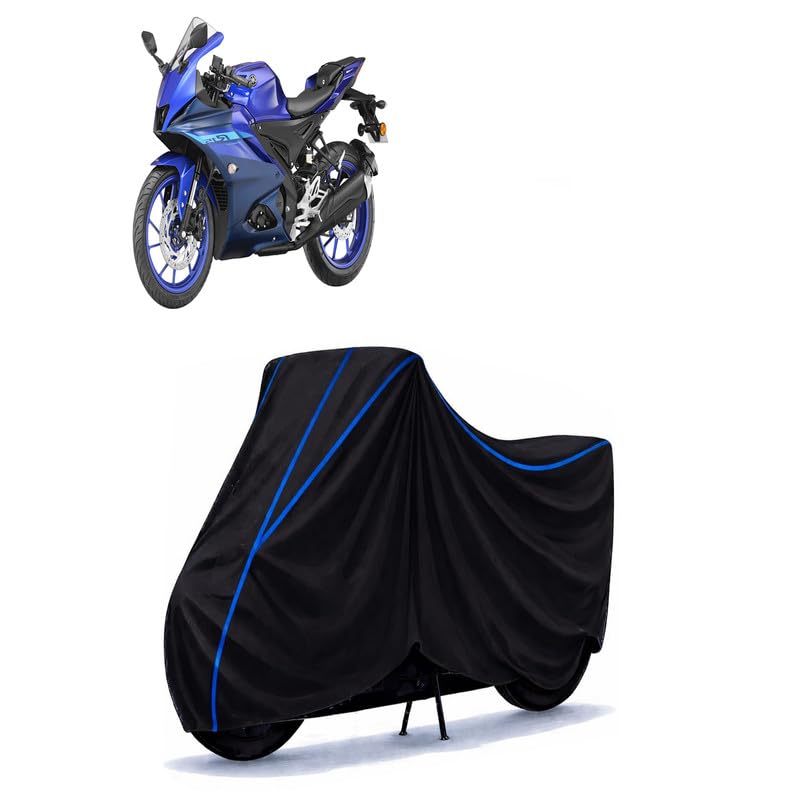 Image of YZF-R15 V2 Bike Cover Water Resistant Universal Motorcycle Rain | Heavy Duty UV Protection, Dust, Scratch Indoor Outdoor All Weather with Black Blue Piping Elastic