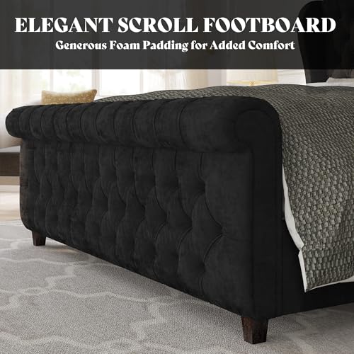 Image of AMERLIFE California King Size Platform Bed Frame, Velvet Upholstered Sleigh Bed with Scroll Wingback Headboard & Footboard /Button Tufted /No Box Spring Required /Black