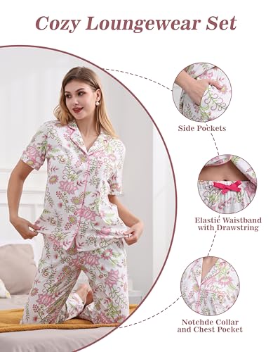 Image of NAP BOUND 100% Cotton Women's Pajama Sets Short Sleeve Button Down Soft Pjs 2 Piece Lounge Set with Pocket Nightwear XS-XXL