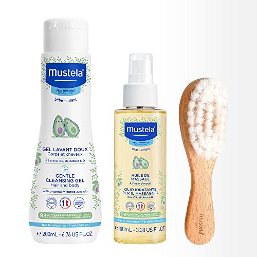 Kit Chá de Bebê Mustela Gel Lavante 200ml, Óleo de Massagem 100ml e uma Escovinha de Cabelo para Rec