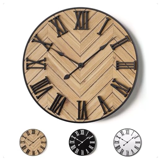 Large Wall Clock 16" Round - Silent Metal & Wood Large Clock - Farmhouse Wall Clock Large - 16 Inch Wall Clock For Living Room Decor - Big Wall Clock Roman Numerals - Wall Clocks For Living Room Decor