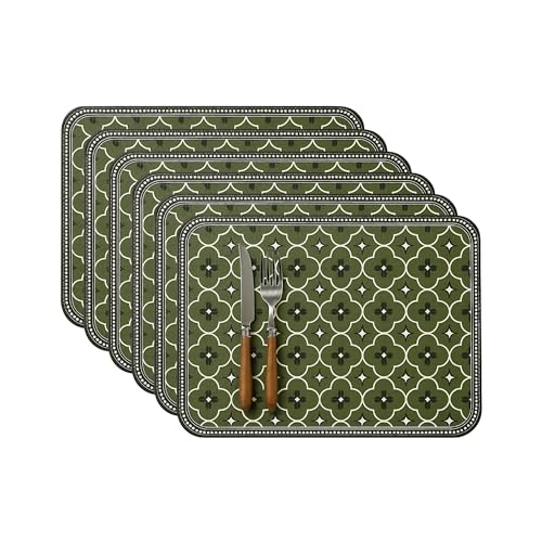 Image of Durable Leather Placemats Olive Green Mororccan Patterned Table Mats | Waterproof, Washable, Heat Resistant, Non-Slip Elegant Dining Accessories (Set of 6)