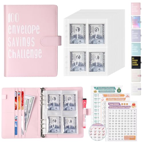 ONEDONE 100 Envelopes Money Saving Challenge Binder A5 Savings Challenges Book with Cash Envelopes and Erasable Marker for Cash Saving Money Saving Bi