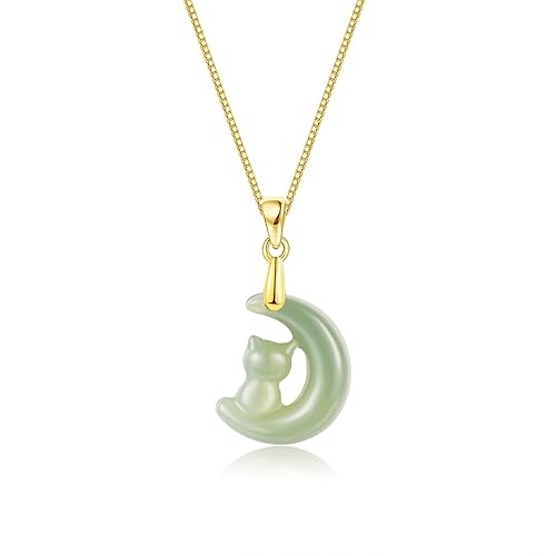 Real Natural Hetian Jade Necklace for Women Girl, Handmade Jade Moon Cat Shape Green Jade Necklace Choker Pendant as Gift for Friends Lover (925