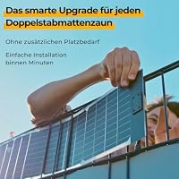 Sunbooster VERTICAL+ Zaun-Balkonkraftwerk 2,5m – bifaziale PV-Sichtschutzstreifen für Doppelstabmattenzaun, 468Wp, Komplettset mit Mikrowechselrichter 800W und 10m Schuko – steckerfertig, erweiterbar – Ansicht 2