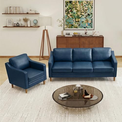 Image of Kingfun Living Room Furniture Sets, 3 Seater Couch and Armchair, Mid Century Modern Sofa Set, Faux Leather Couch with Solid Wood Frame for Living Room & Bedroom, Blue