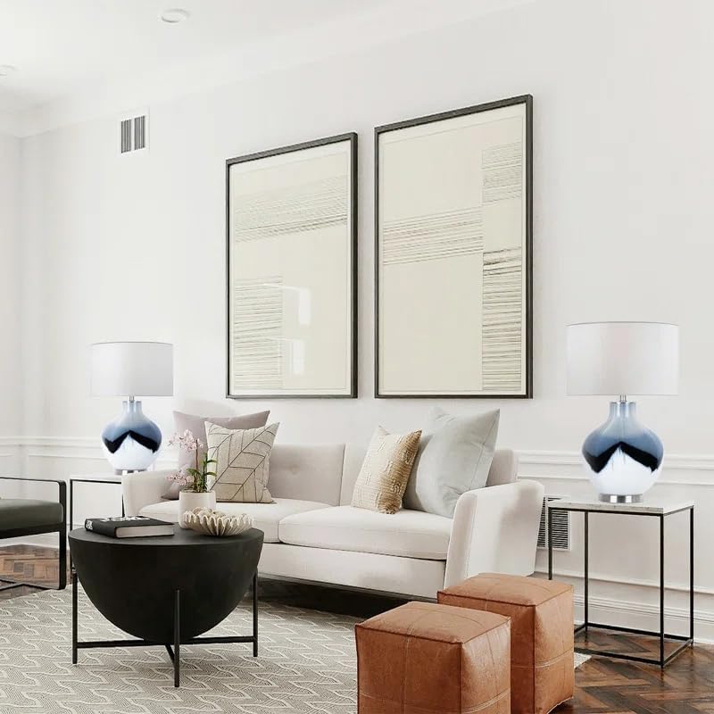 QiMH Glass Table Lamp for Living Room, Chinoiserie Bedside Traditionl Lamp for Bedroom, Blue & White Nightstand Lamp for Home Office Bookcase (LED Bulb Included)