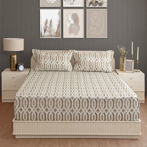 Image of Swayam Roto Cotton King Bedsheet with 2 Pillow Covers | Size 108 x 108 inch | 144 TC | Geometric Design | Soft Breathable Bed Sheet | Comfortable & Durable for Bedroom - Light Brown