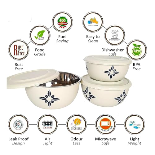 Image of Microwave Safe Stainless Steel Food Storage Container with Lid | Euro Mixing Bowl Set for Kitchen | 500ml, 800ml, 1250ml | Pack of 3 | Leak-Proof (Classic Ivory)