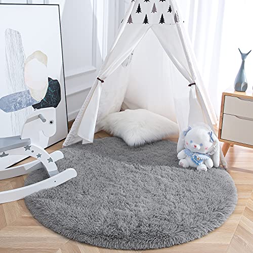 Yj.gwl Fluffy Round Rug Nursery Rug, Grey Circle Rug Kids Rug For Playroom, Fuzzy Rug Circular Carpet For Bedroom Living Room, Shaggy Rug For Cute Room Decor For Baby Teen Girls, 6 X 6 Feet #TOP22