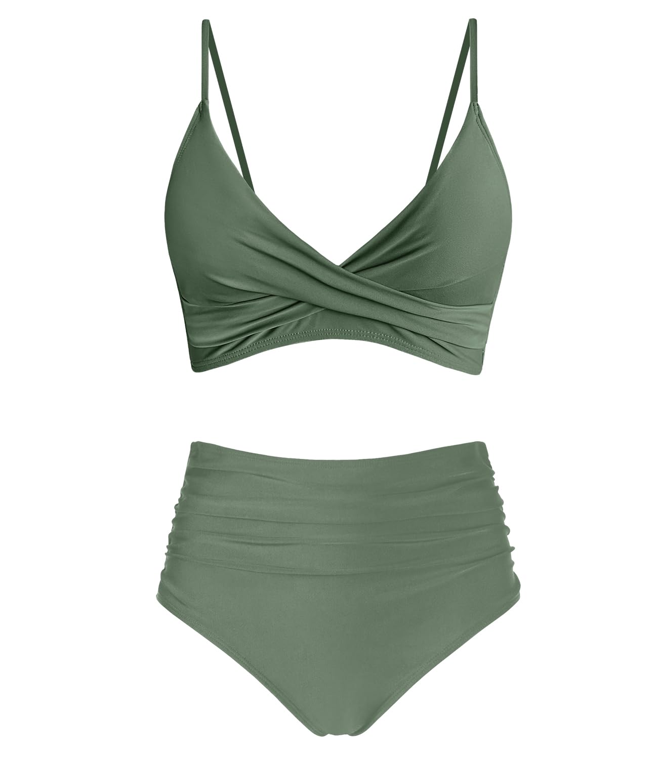 Amy Babe Women's High Waisted Bikini Sets Push Up Twist Front Spaghetti Straps Ruched Two Piece Swimsuit Bathing Suit