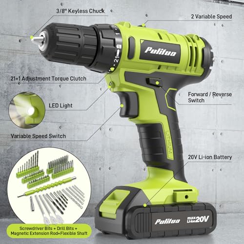 PULITUO 199-Piece Power Tool Set with 20V Cordless Drill Driver, Electric Screwdriver, 2 Batteries, Charger, LED Light and Toolbox, Home DIY Drill Set for Women and Men(Green) - Image 4