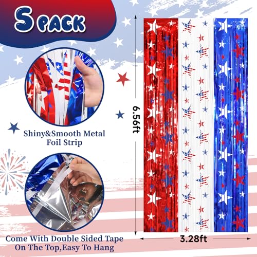 Image of 4th of July Independence Day Decorations, 5 Pack Red White Blue Star printed Foil Fringe Curtains for Patriotic Memorial Day Decor, Citizenship Party Supplies, Backdrop Streamers, 3.3 x 6.6 FT