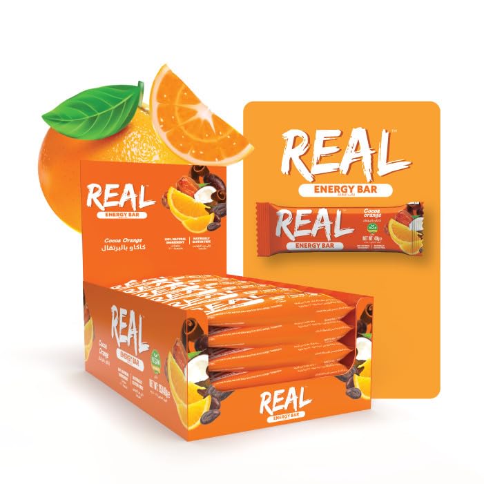 Real Energy Bar Cocoa Orange | 25x40 Grams Each | 100% Natural Ingredients | Naturally Gluten Free | Daily Sugar Free Snack | Vegan | 1Kg Pack