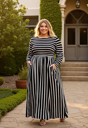 Image of Nemidor Plus Size Maxi Dress for Curvy Women Fall Casual Loose Long Sleeve Dresses with Pocket 14-26