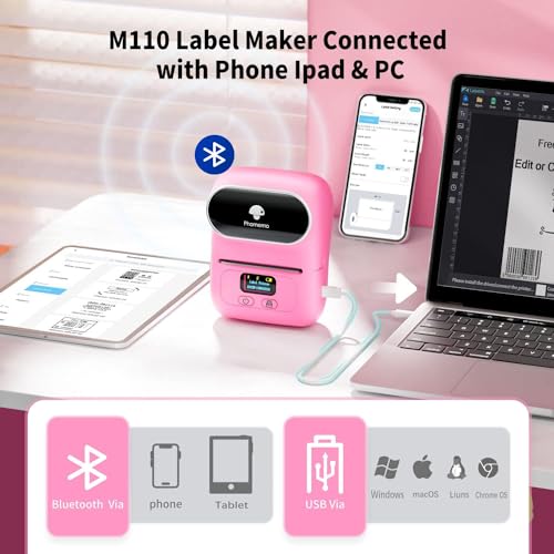 Image of Phomemo M110 Label Maker Portable Bluetooth Thermal Sticker Label Maker Printer for Address Barcode, Clothing, PhotoLogo, Jewelry, Retail, Business, Home, for iOS & Android, Print Black on White