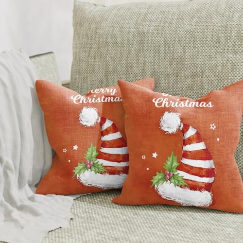 ggaimwf Christmas Cushion Covers Orange 50x50cm Christmas Pillows Cover Hat Colorful Winter Linen Look Cushions for Sofa Bed Holiday Indoor Outdoor Car New Year Pillow with Invisible Zipper Set of 2