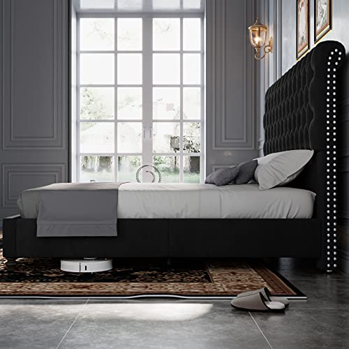 Papajet 52.8" High Upholstered Bed Frame King Size Platform Sleigh Bed With Deep Button Tufted Headboard/Easy Assembly/Black #TOP2
