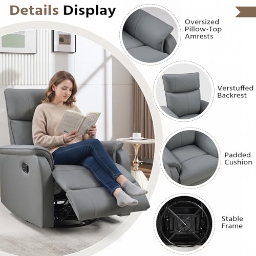 Image of HAOMARKETS Swivel Rocker Recliner Chair Set of 2, Manual Faux Leather Glider Rocking Recliners for Adults, 360 Swivel Nursery Reclining Sofa with Padded Backrest for Living Room, Grey