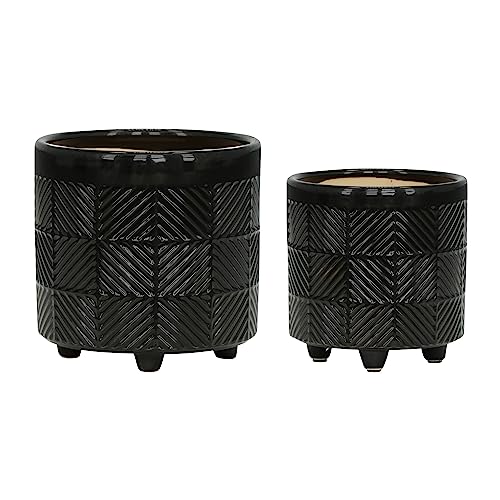 TREATLIFE HOME Your Indoor Garden with Textured Ceramic Planters, Modern Design, No Drainage Holes, Set of 2, Shiny Black