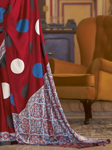 Image of SAREE MALL Women's Ajrkh Print Satin Crepe Polka Dot Printed Saree With Unstitched Blouse Piece