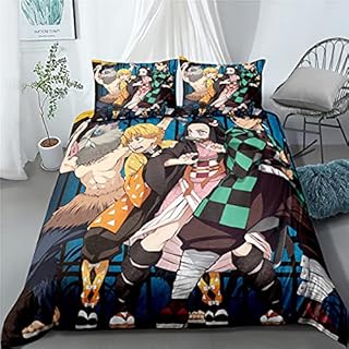 PTNQAZ Anime Demon Slayer Devil's Blade Duvet Cover Set Pillow Case Kimetsu No Yaiba Tanjirou Nezuko Cartoon Home Textile Decor Bedding Set For Girls (Single)