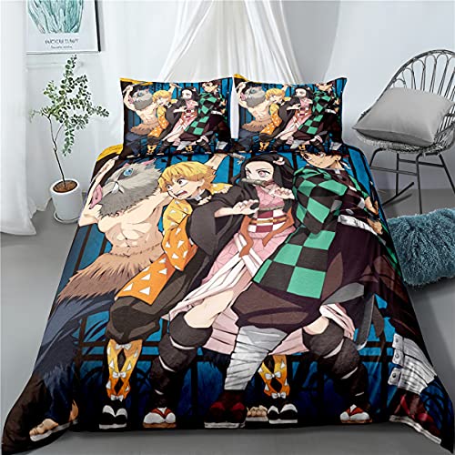 PTNQAZ Juego de funda de edredón de hoja del diablo de anime Demon Slayer Funda de almohada Kimetsu No Yaiba Tanjirou Nezuko Cartoon Home Textile Decor Juego de cama para niñas (Individual) Cover