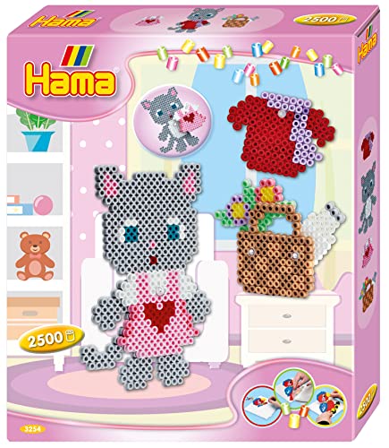 Hama Perlen 3254 Kleines Geschenk-Set Anziehkatze mit ca. 2.500 bunten Midi Bügelperlen mit Durchmesser 5 mm, Stiftplatte, inkl. Bügelpapier, kreativer Bastelspaß für Kinder und Jugendliche