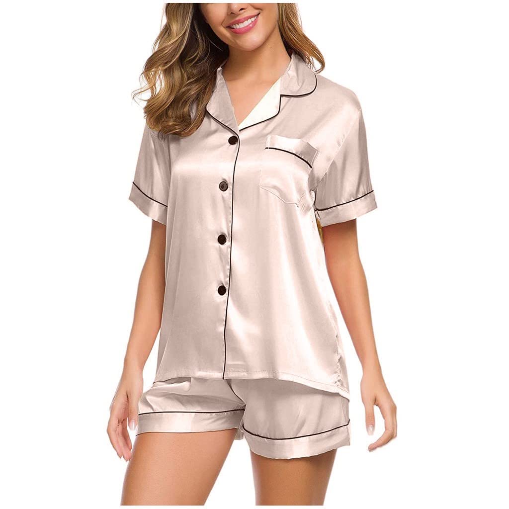 Uillui Womens Satin Silky Pajamas Set Short Sleeve Button Down Shirt with Shorts Soft Two-Piece Pj Sets Outfits