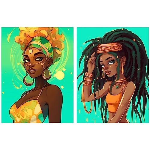 Reofrey 5D Diamond Art African American, Exotic African Women Girl Paint Diamond Painting Kits African American Full Drill Rhinestone Embroidery Cross Stitch Craft Decor 30x40 cm/12x16 inch（2 Pack）