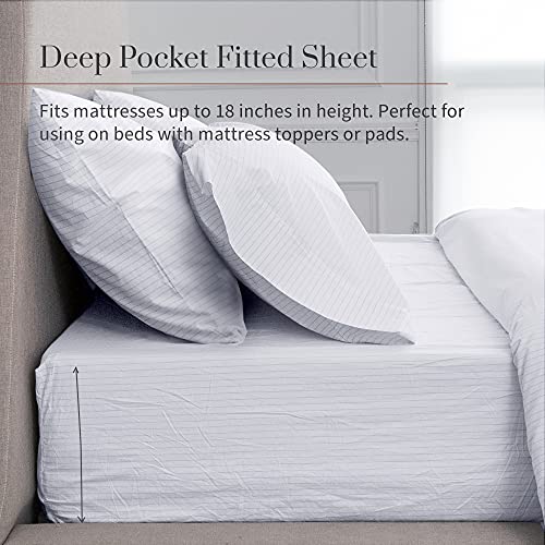 Everspread 100% Cotton Bed Sheets. King Size - Pinstripe. 4 Piece Sheet Set. Soft Washed Percale. Natural Long Staple Cotton Cool & Breathable Bedding Deep Pocket Fits Mattress Up To 18 Inches #TOP3