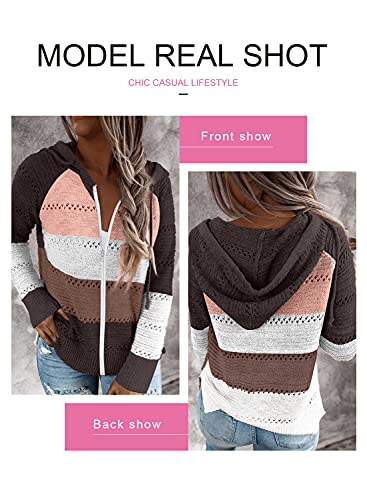 Acelitt Women's Casual Lightweight Long Sleeve Zip Up Zipper Striped Knit Sweaters Hoodies Sweatshirts Pullover Medium Brown #TOP3